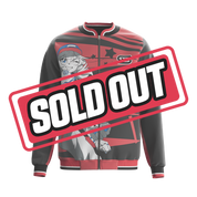 Black fastball jacket with red and white striped ribbed cuffs and waistband, shown from the back.