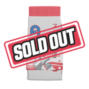 White socks with red cuffs and toes, featuring blue and red geometric shapes and abstract symbols.