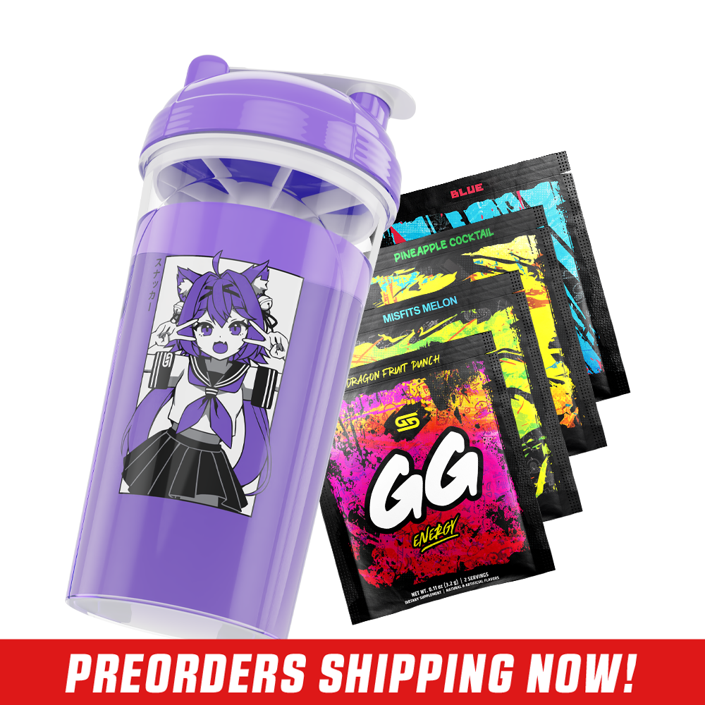 Clear shaker cup with purple lid featuring a black and white anime girl with fox ears and tail in a school uniform.