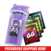 Clear shaker cup with purple lid featuring a black and white anime girl with fox ears and tail in a school uniform.