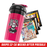 Transparent pink shaker cup with a black lid and a shattered black "ST" logo on the front.