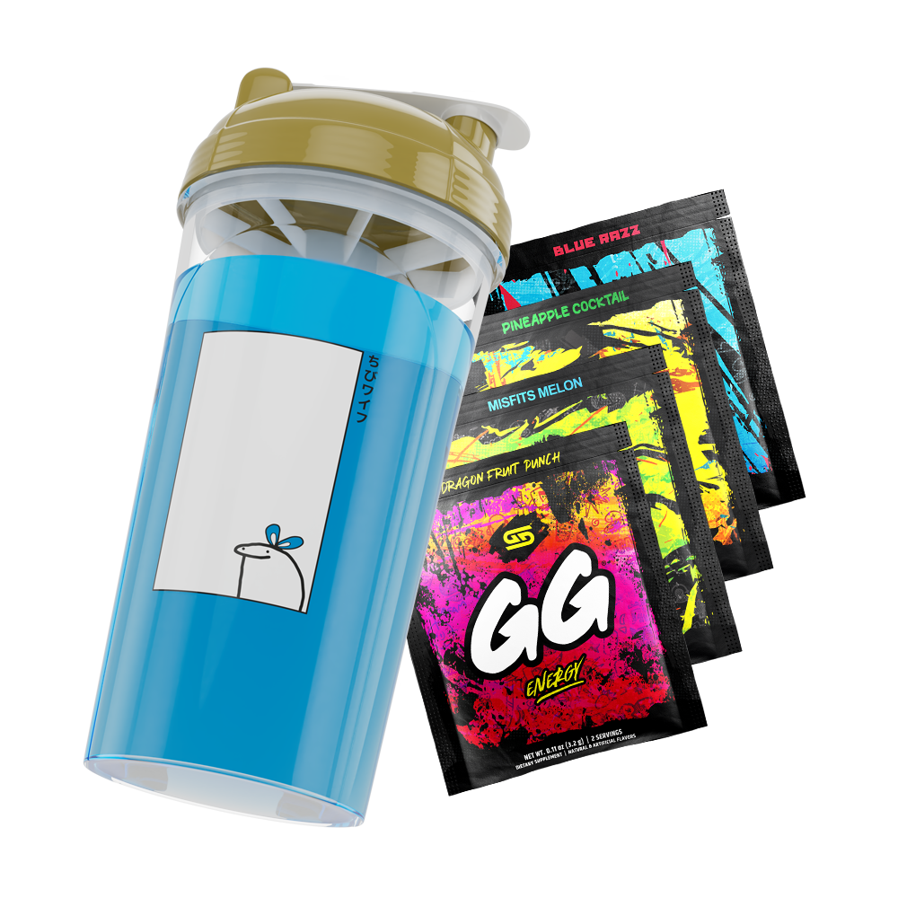 Blue shaker cup with a simple cartoon character and gold lid next to four colorful GG Energy drink mix packets.