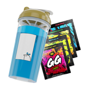 Blue shaker cup with a simple cartoon character and gold lid next to four colorful GG Energy drink mix packets.