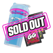 Blue shaker cup with anime fox girl illustration and four colorful GG Energy drink mix packets in various flavors.