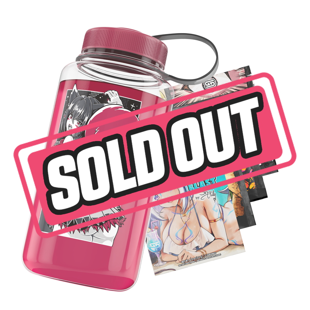 Clear water jug with a dark pink liquid and black "Waifu Cups" logo featuring claw marks on the front