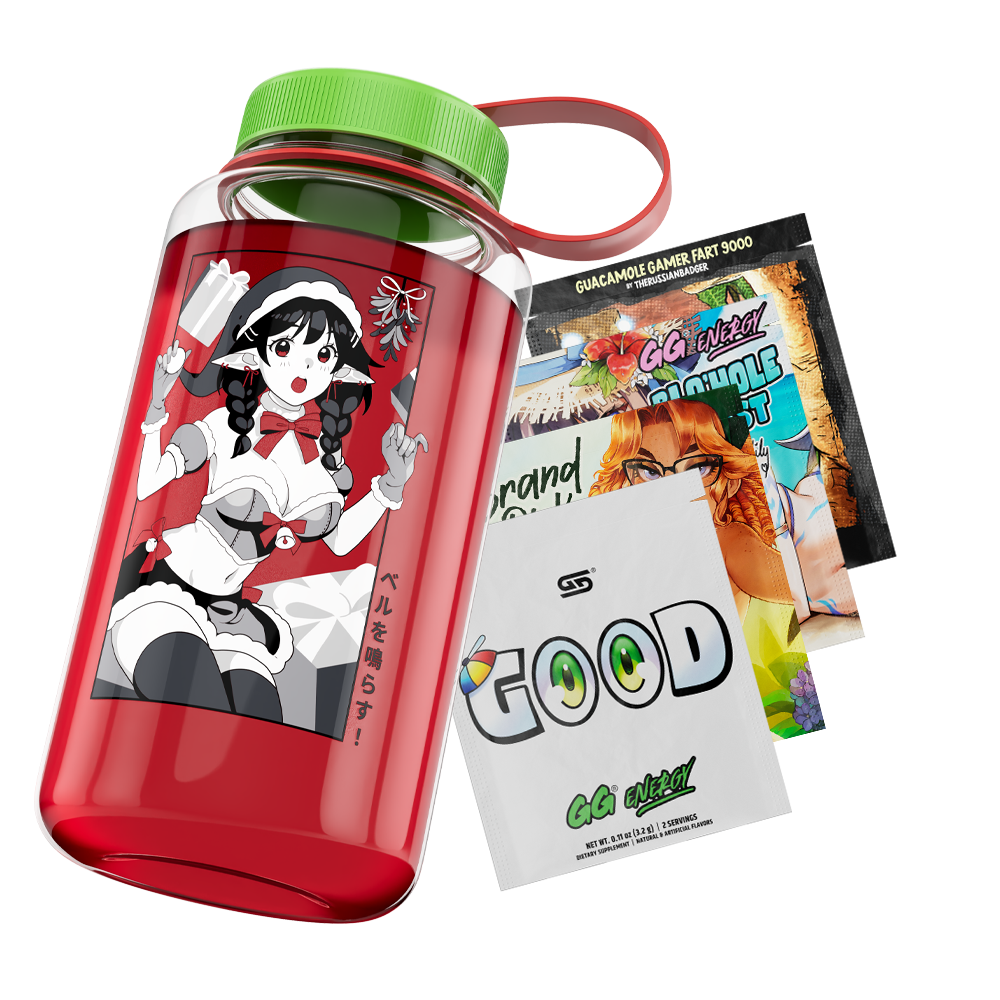 Clear jug filled with red liquid, green lid with red loop, and bold black "Waifu Cups" text on front