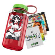 Clear jug filled with red liquid, green lid with red loop, and bold black "Waifu Cups" text on front