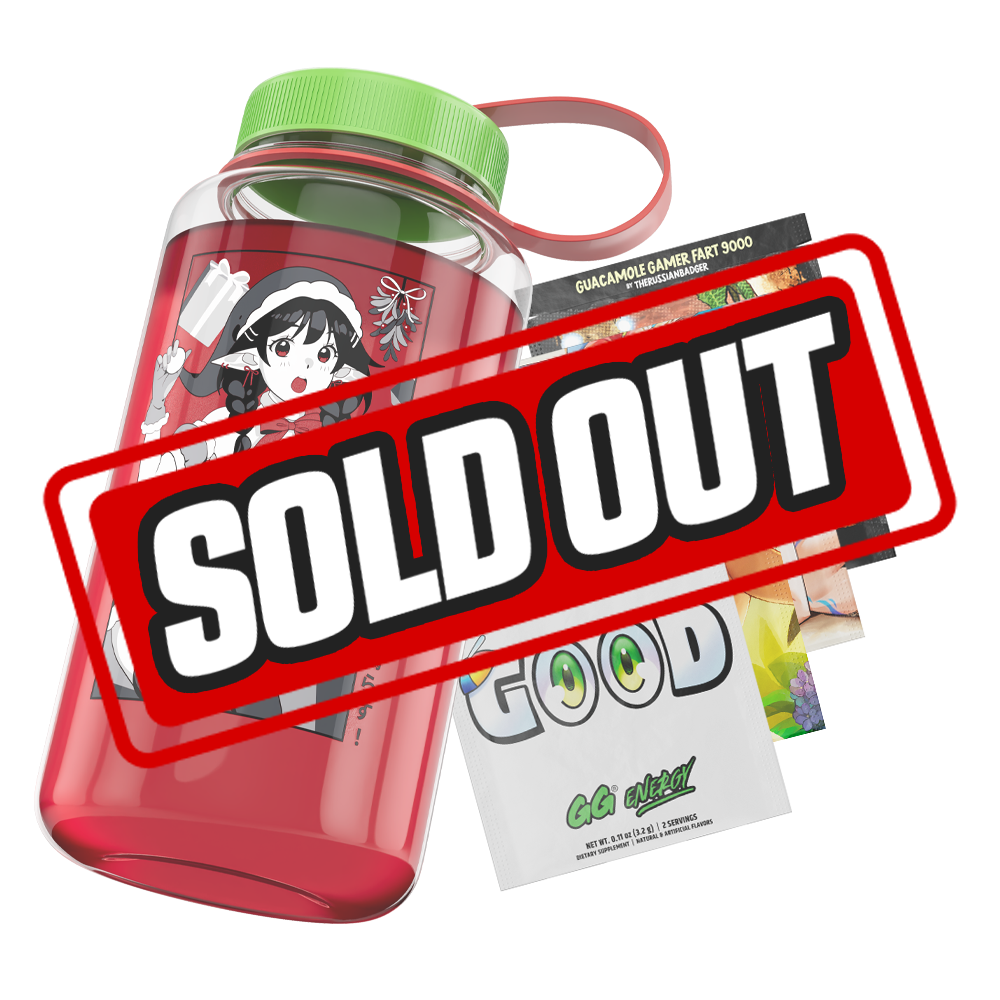 Clear red water jug with bright green lid and black retro "Waifu Cups" text on front