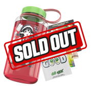 Clear red water jug with bright green lid and black retro "Waifu Cups" text on front