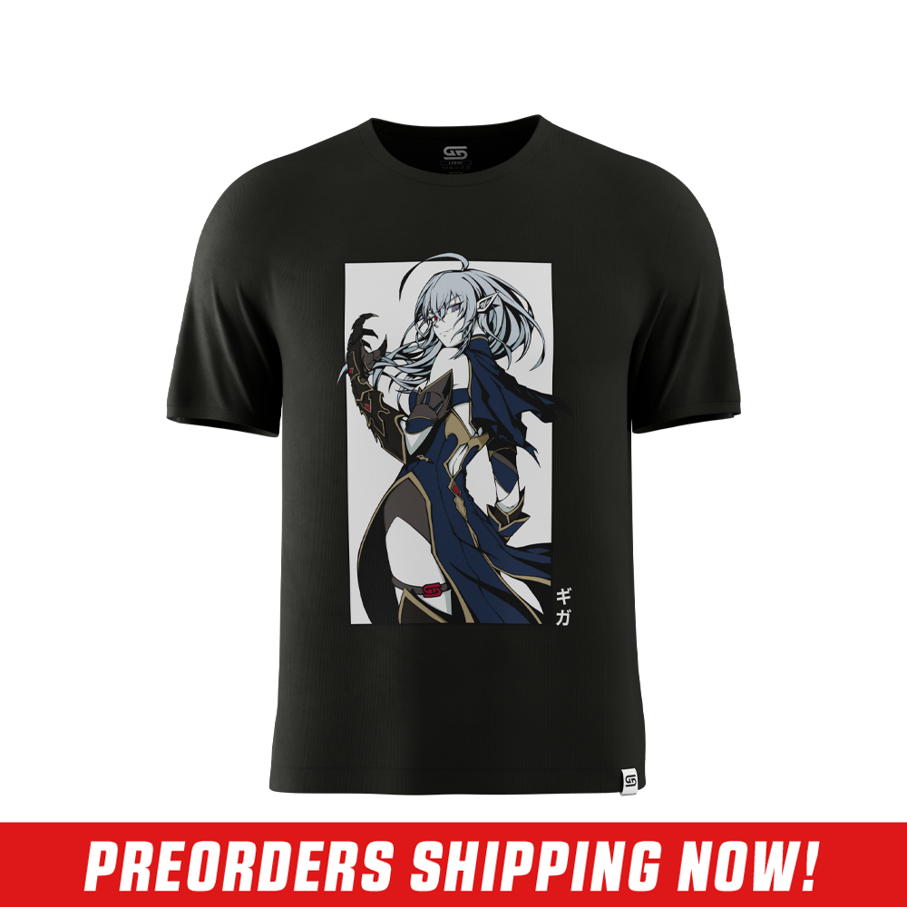 Solid black short-sleeve shirt in 6XL size with a plain back and crew neckline.