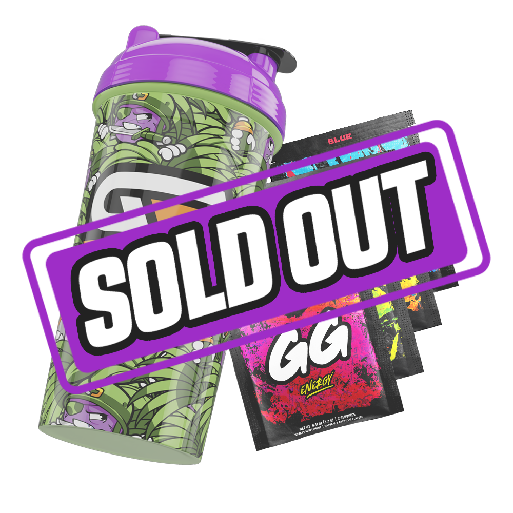 Purple and green shaker cup with animated purple turnip characters wearing green hats and leaves all over print design.
