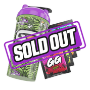 Purple and green shaker cup with animated purple turnip characters wearing green hats and leaves all over print design.