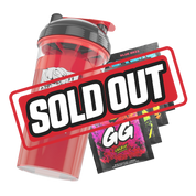 Clear shaker bottle with black and red lid and a bold black stylized "GD" logo on the side