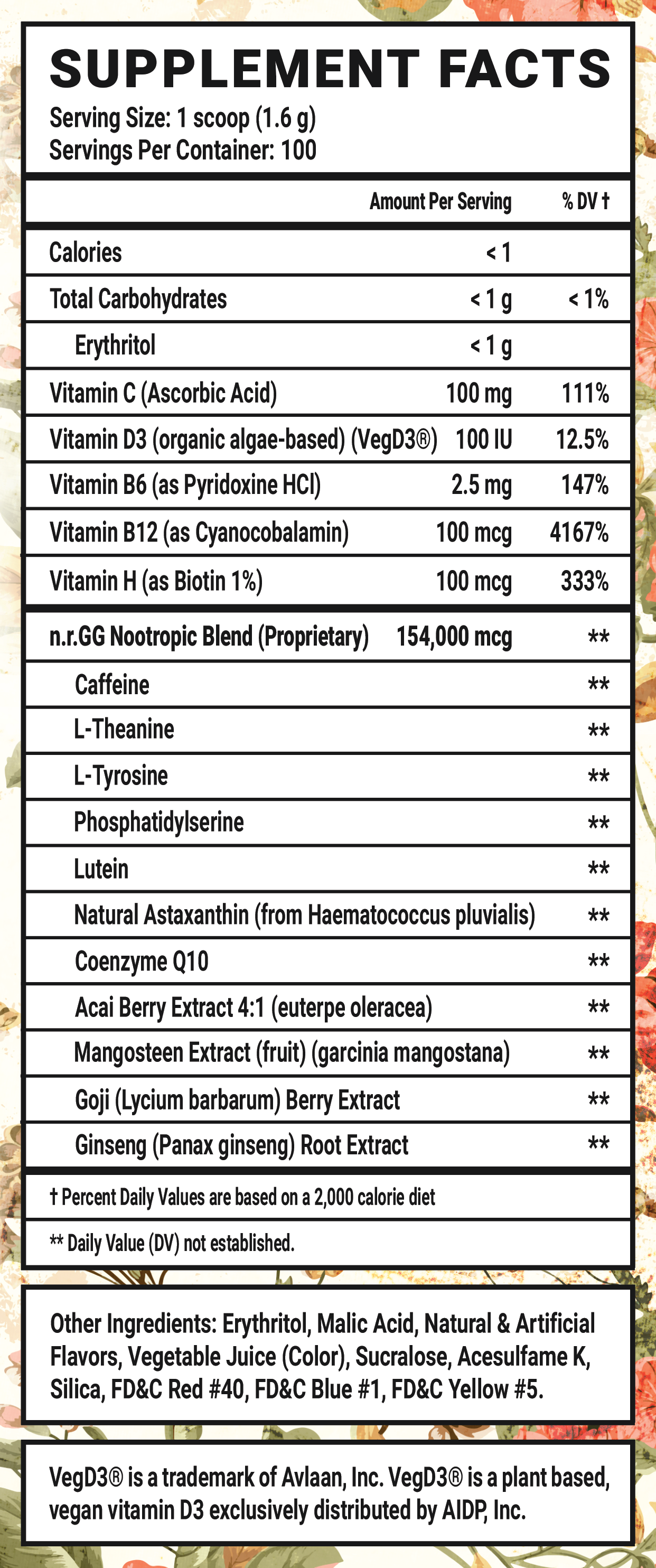 Grandma's Ashes - 100 Servings Nutrition Chart