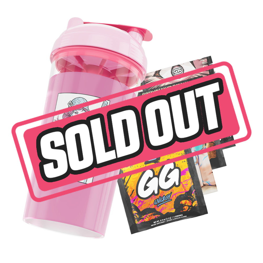 Clear plastic shaker cup with pink lid and red flip cap, featuring bold black and white stylized logo on side.