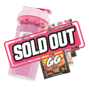 Clear plastic shaker cup with pink lid and red flip cap, featuring bold black and white stylized logo on side.