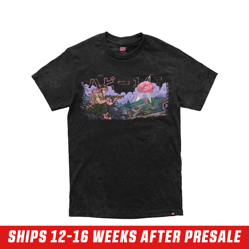 Black shirt with a colorful anime-style soldier aiming a rifle at a pink boxing glove spotlighted over a tank scene.