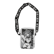 Black and white anime-style maid character with belts and thigh-high stockings on a rectangular crossbody bag.