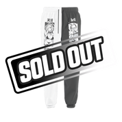 Black and white sweatpants split vertically with a back pocket featuring a stylized "Waffle Cups" logo.