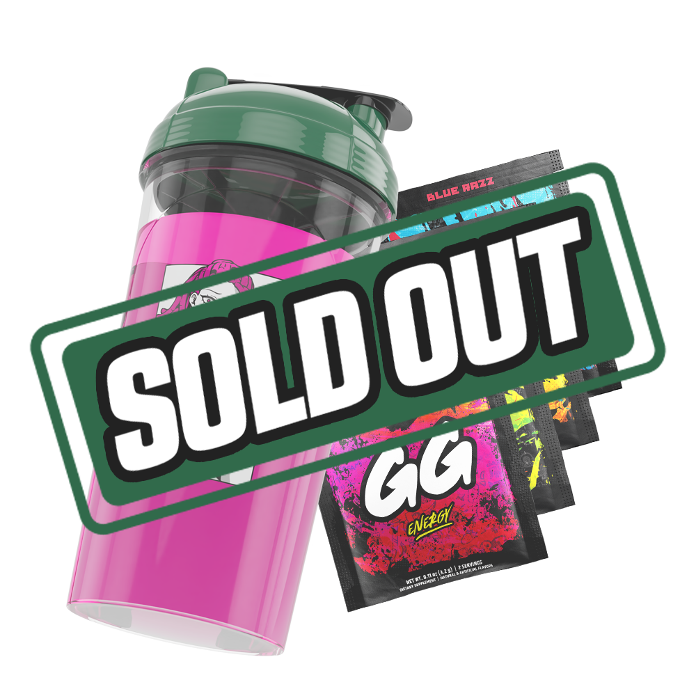 Clear plastic shaker cup with a green lid and a black and white stylized "GD" logo on the side.
