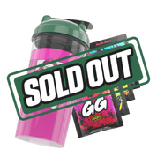 Clear plastic shaker cup with a green lid and a black and white stylized "GD" logo on the side.