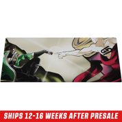 Mouse pad with artwork of two hands reaching out, one in black glove and green sleeve, the other bare and muscular.