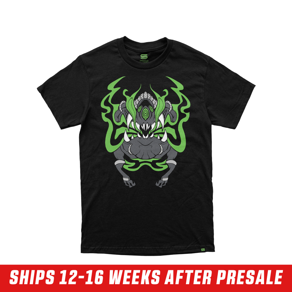 Black short-sleeve shirt with a small green logo centered near the upper back collar in size 6XL.