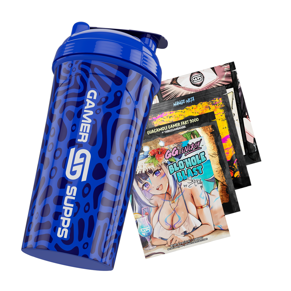 Blue shaker bottle with dark abstract all-over print and a white stylized "G" logo on the front.
