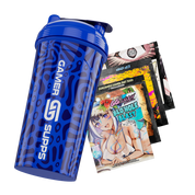 Blue shaker bottle with dark abstract all-over print and a white stylized "G" logo on the front.