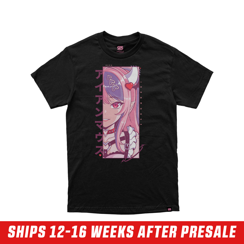 Black short-sleeve shirt with a small pink stylized logo centered at the upper back below the neckline.