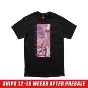 Black short-sleeve shirt with a small pink stylized logo centered at the upper back below the neckline.