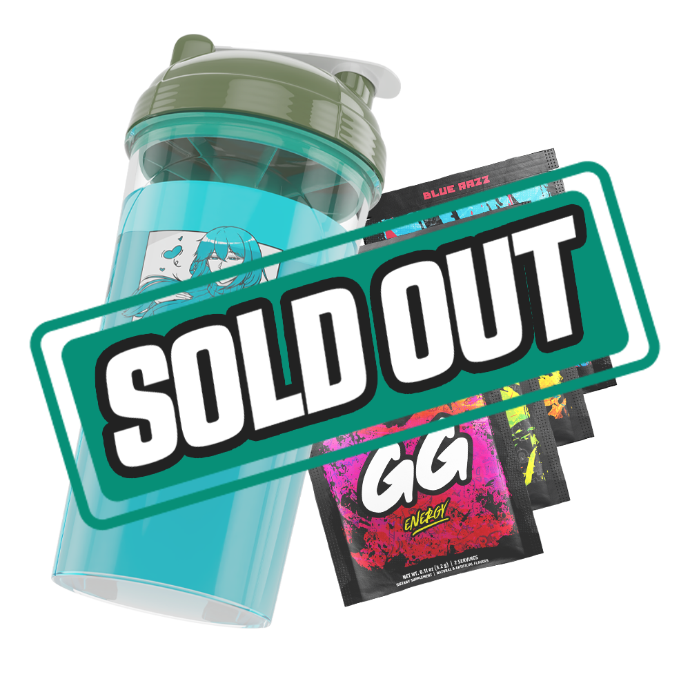 Blue shaker cup with green lid featuring an anime woman in a teal sweater and gray jeans, next to colorful GG Energy packets.
