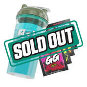Blue shaker cup with green lid featuring an anime woman in a teal sweater and gray jeans, next to colorful GG Energy packets.