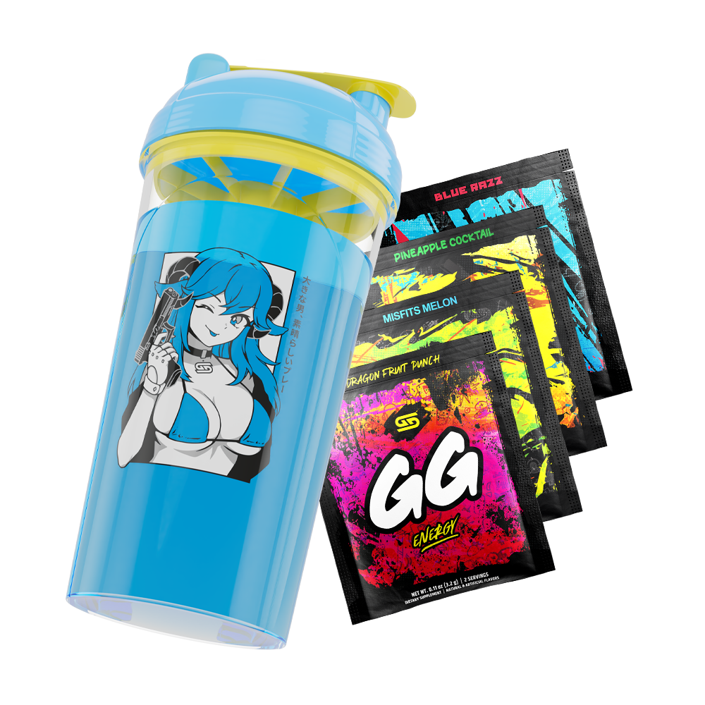 Blue and yellow shaker cup with anime girl holding a gun and four colorful GG Energy drink mix packets.