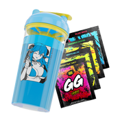 Blue and yellow shaker cup with anime girl holding a gun and four colorful GG Energy drink mix packets.