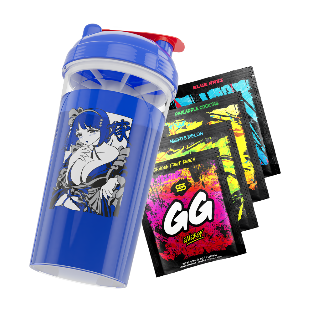Blue shaker cup with anime girl illustration and four colorful GG Energy drink mix packets in various flavors.