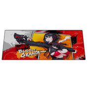 Anime woman in red bikini top aiming two guns on a bright orange and black splatter background mouse pad.