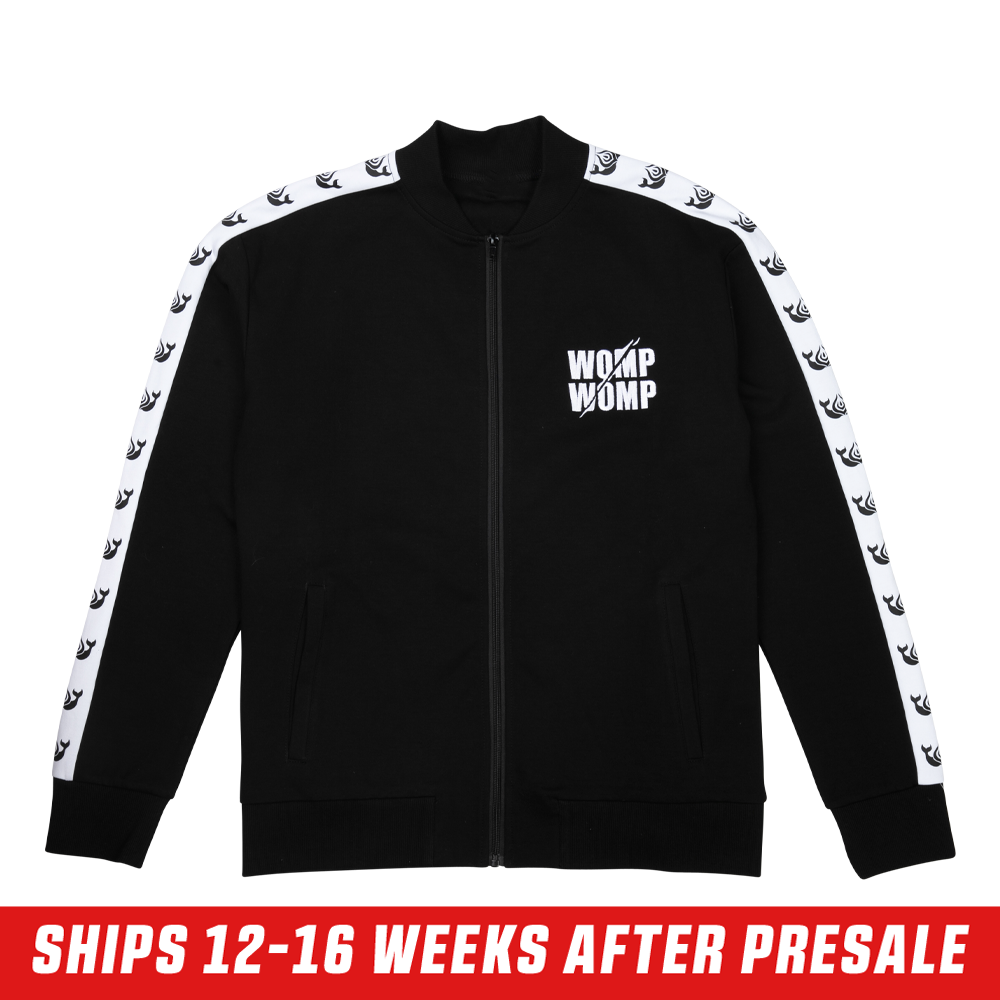 Black track jacket with white killer whale logos on the shoulders and a large logo centered on the upper back.