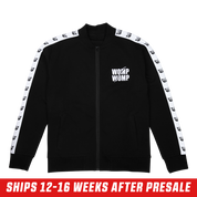 Black track jacket with white killer whale logos on the shoulders and a large logo centered on the upper back.