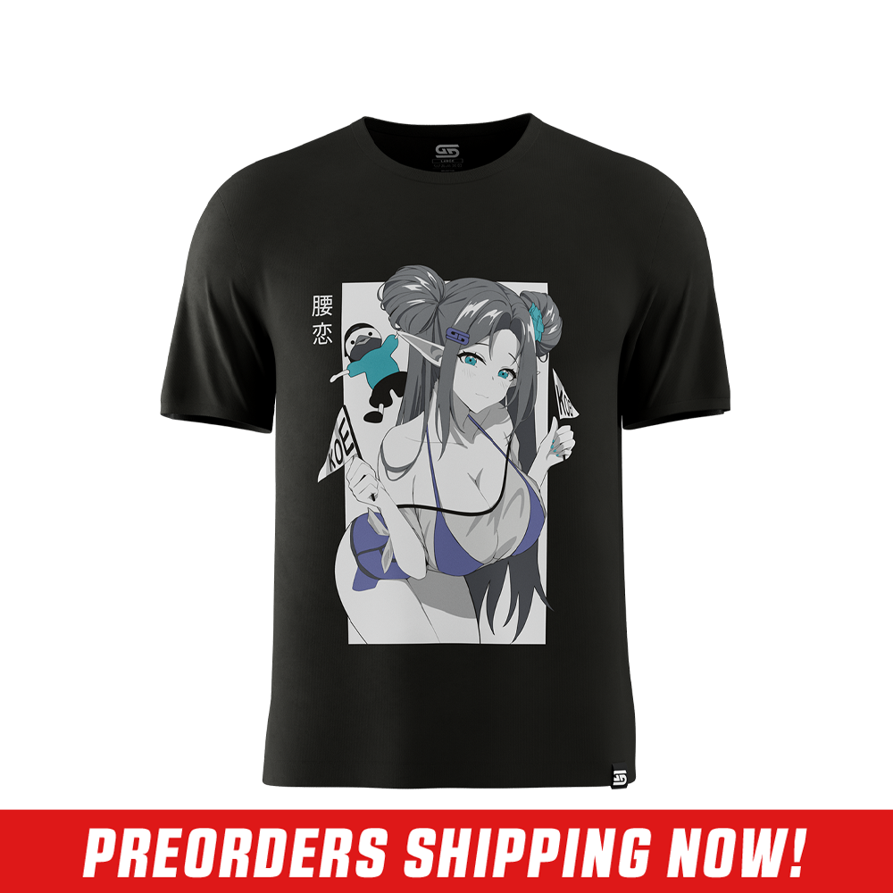 Plain black short-sleeve crew neck shirt shown from the back in size 6XL.