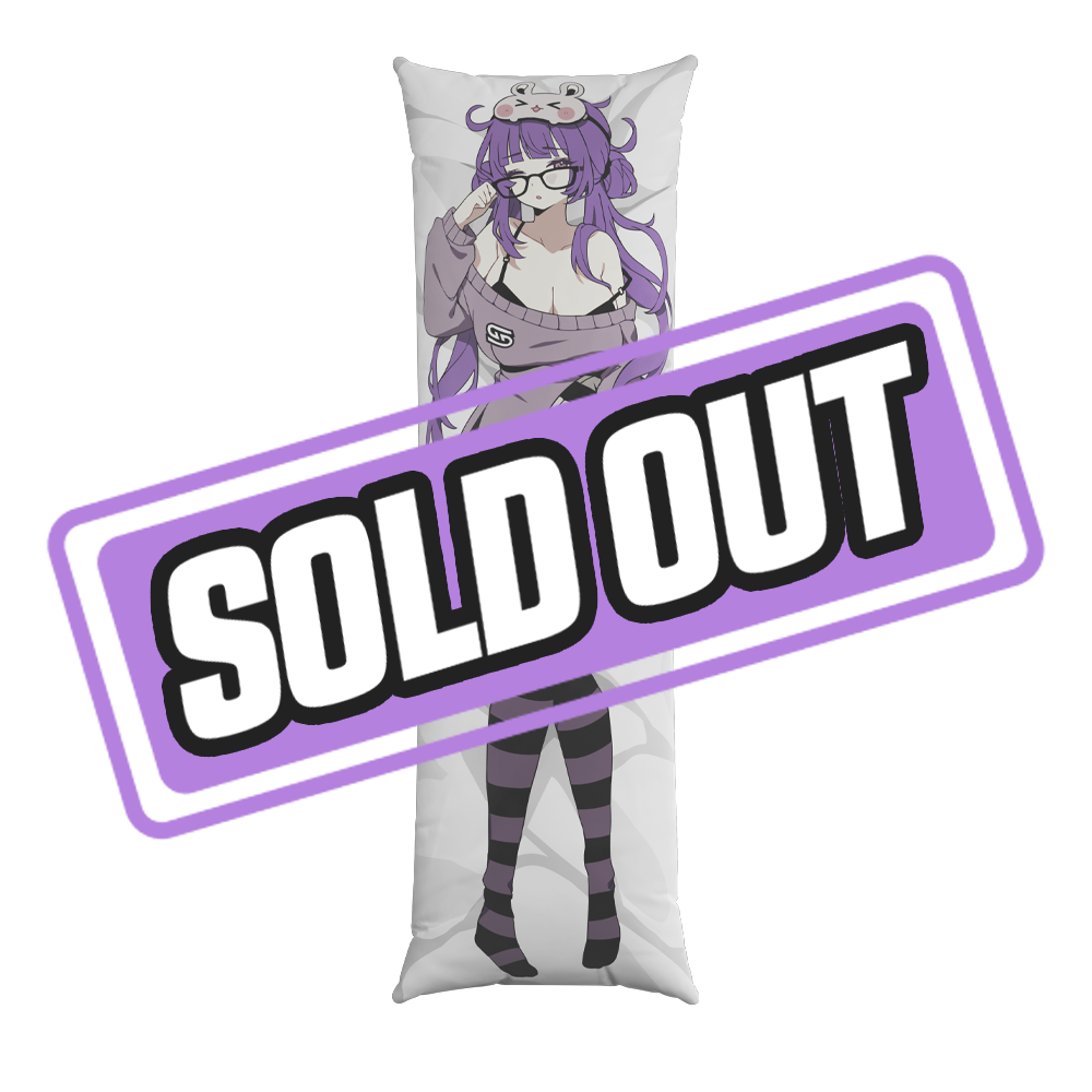 Body pillow case with anime girl in purple off-shoulder outfit and black-and-purple striped thigh-high socks.