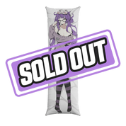 Body pillow case with anime girl in purple off-shoulder outfit and black-and-purple striped thigh-high socks.