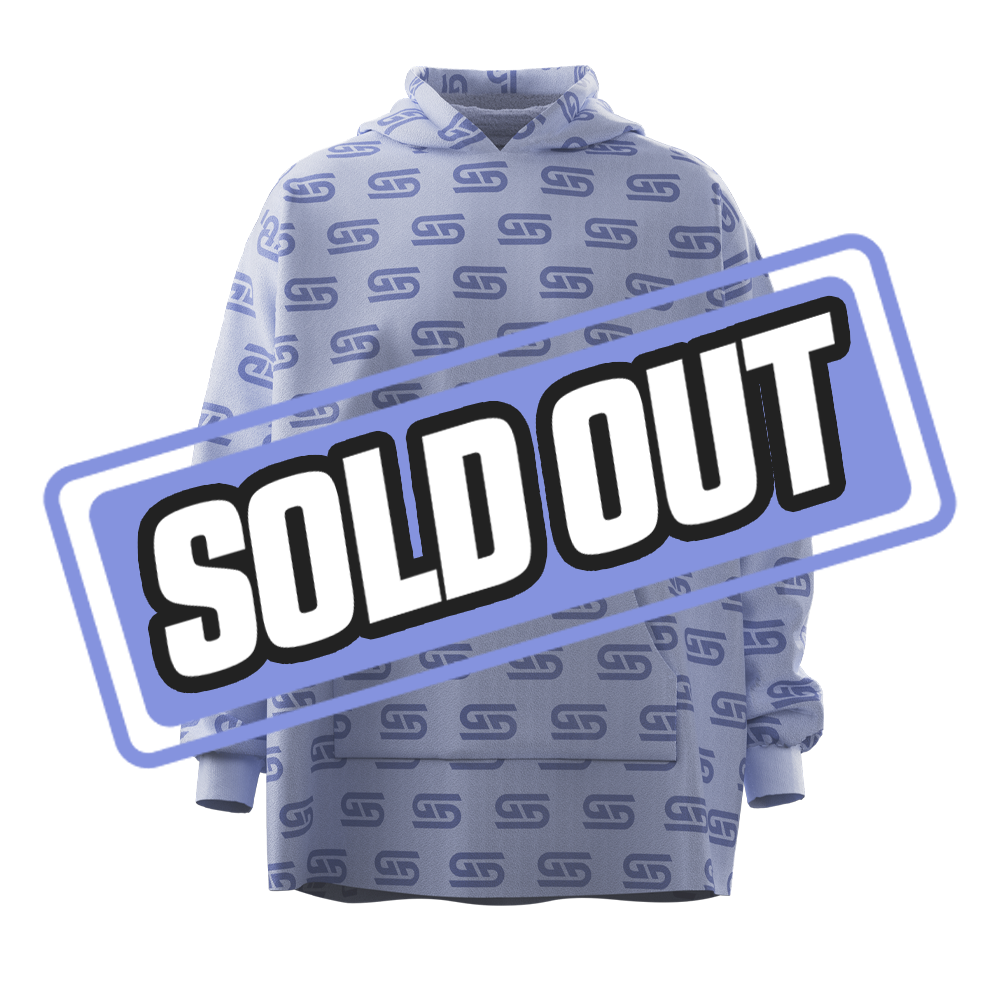 Light purple hooded blanket with dark purple repeating logo and a central anime girl patch with pink hair and glasses.