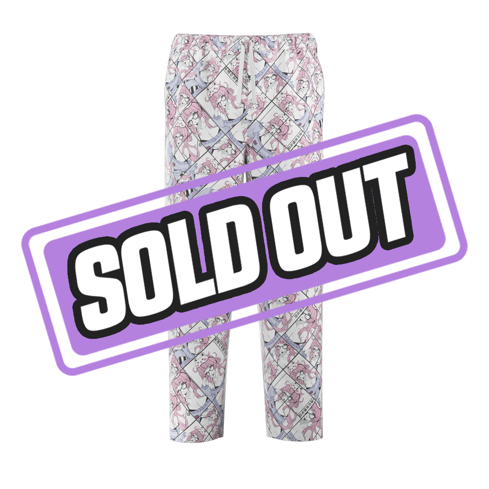 3XL pajama pants with a colorful comic-style print featuring pink-haired characters in glasses and blue outfits.