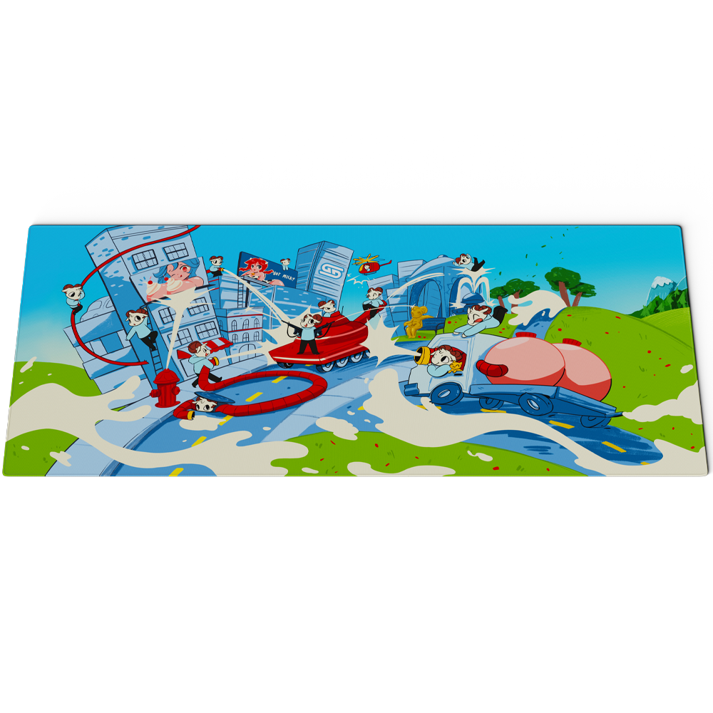 Bright mouse pad with cartoon cows spraying milk from fire hoses in a cityscape with a red hydrant.