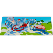 Bright mouse pad with cartoon cows spraying milk from fire hoses in a cityscape with a red hydrant.