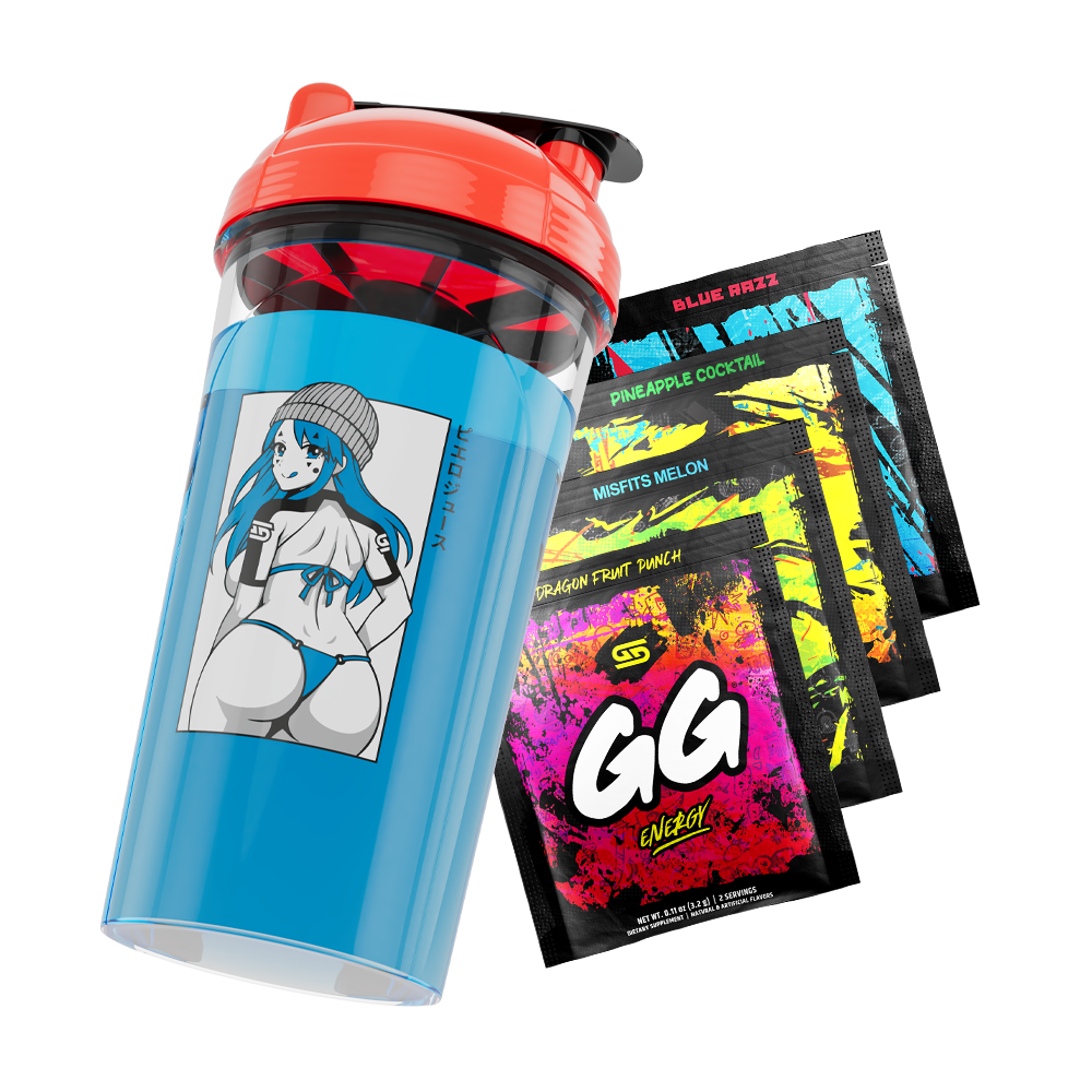 Blue shaker cup with red lid featuring anime girl in blue bikini and four colorful GG Energy drink packets.