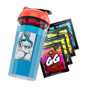 Blue shaker cup with red lid featuring anime girl in blue bikini and four colorful GG Energy drink packets.