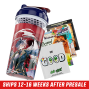 Clear shaker cup with dark blue lid and red flip cap featuring detailed fantasy character art in dark and gold tones.