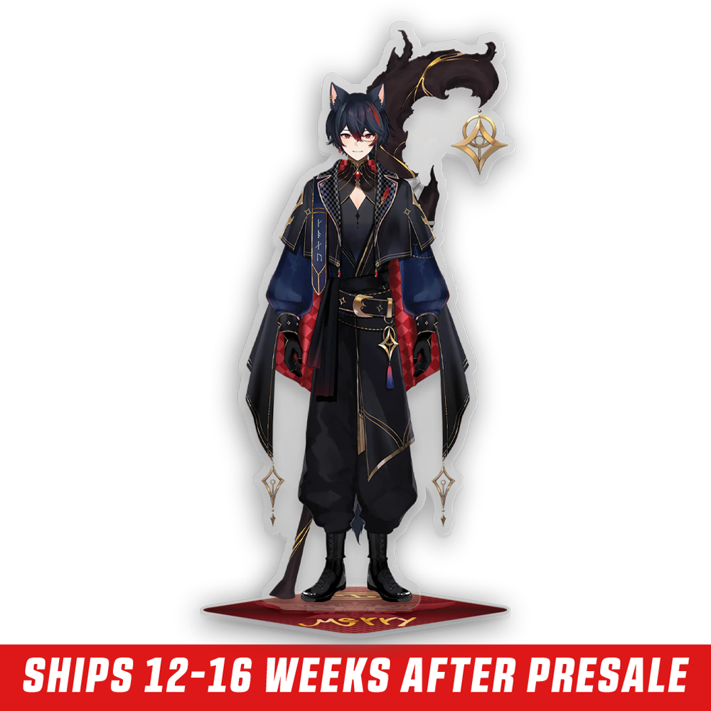 Black-haired character with cat ears wearing a dark blue and black outfit with gold accents on a red base standee